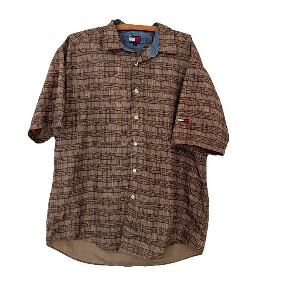 Vtg Tommy Hilfiger Mens Button Down Plaid Short Sleeve Pocket Shirt XL Nylon - Picture 1 of 5